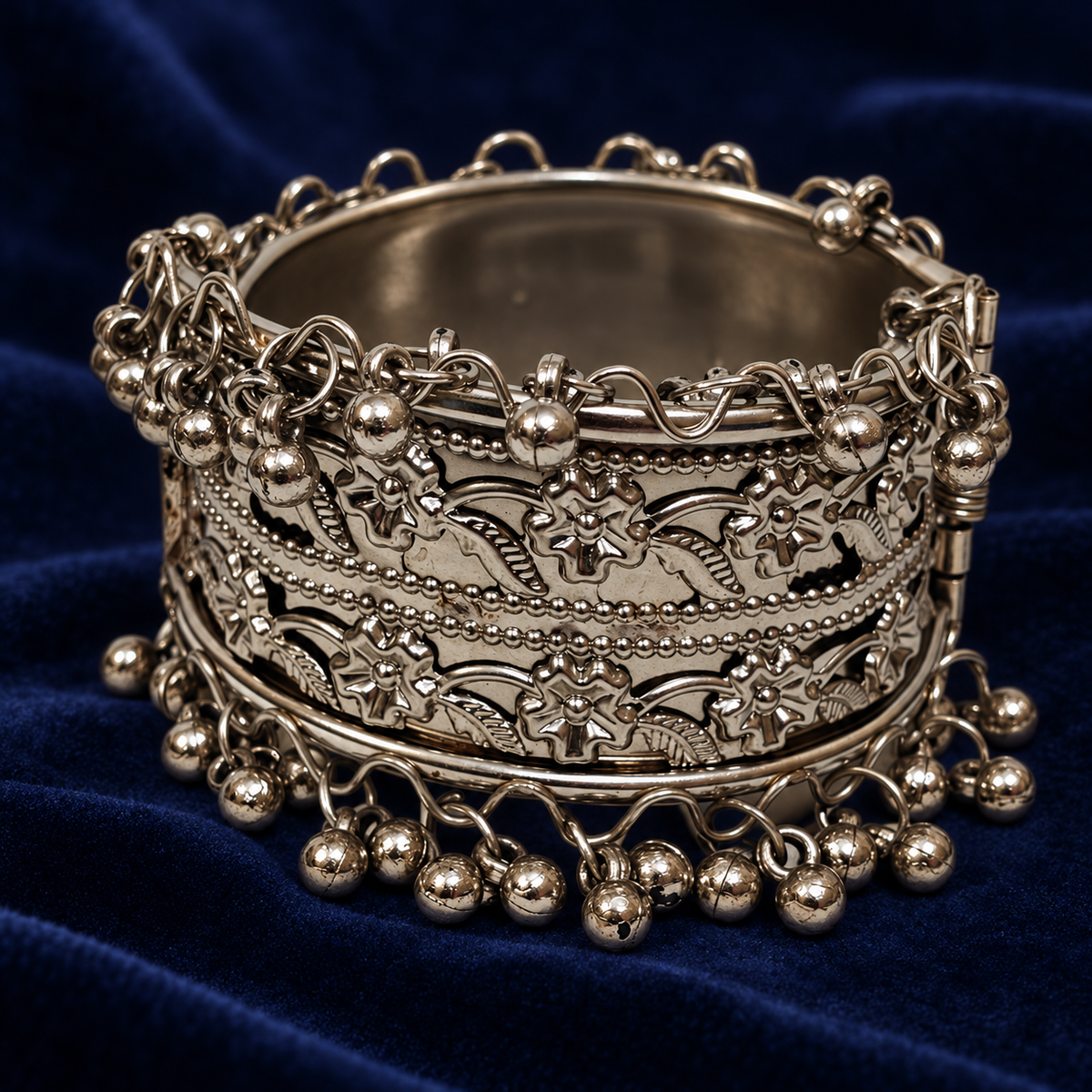 Gulnaar Floral Ghungroo Silver Cuff | MyJhumki