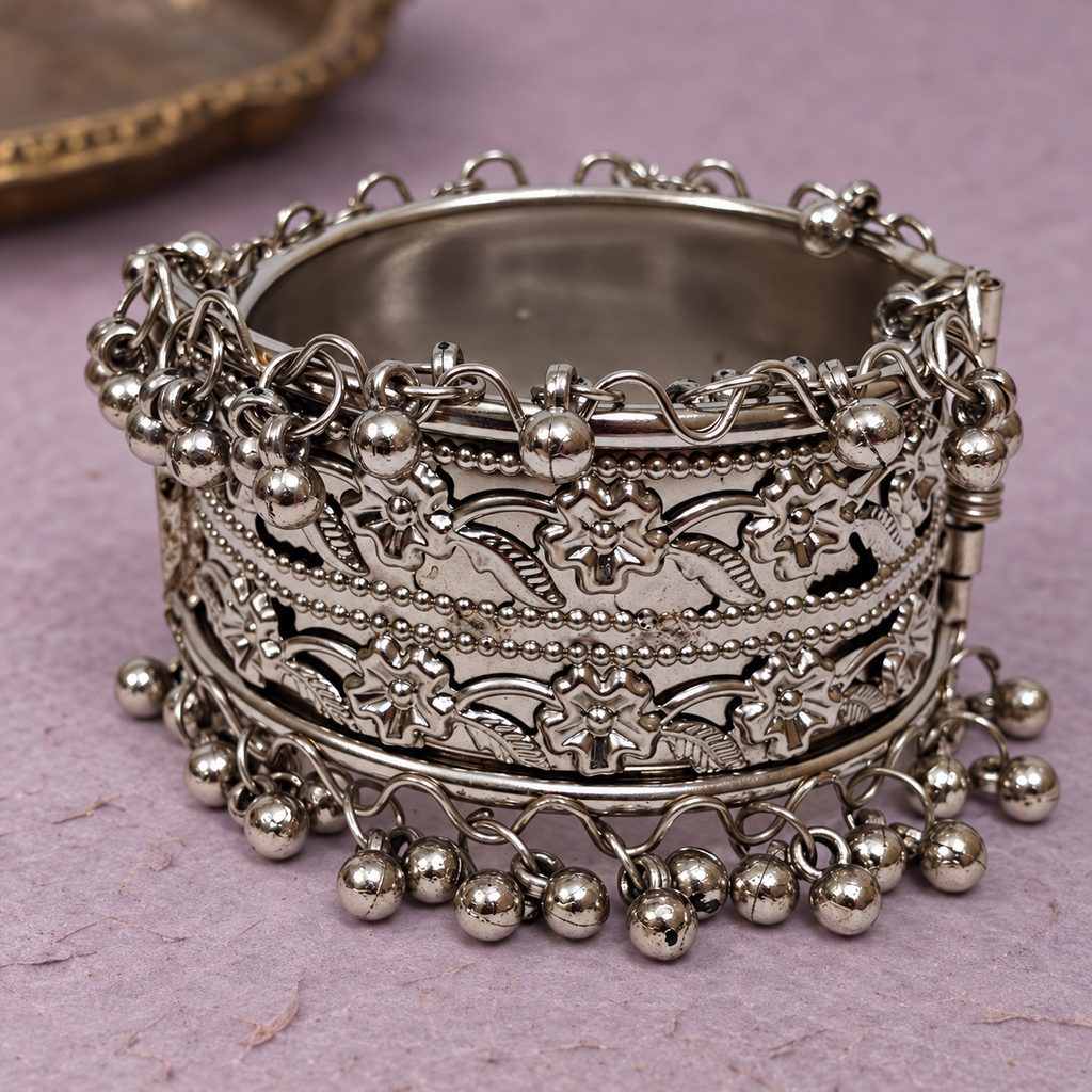Gulnaar Floral Ghungroo Silver Cuff | MyJhumki