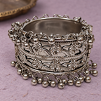 Gulnaar Floral Ghungroo Silver Cuff | MyJhumki