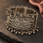 Gulnaar Floral Ghungroo Silver Cuff | MyJhumki