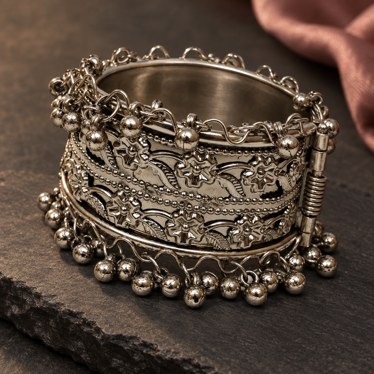 Gulnaar Floral Ghungroo Silver Cuff | MyJhumki
