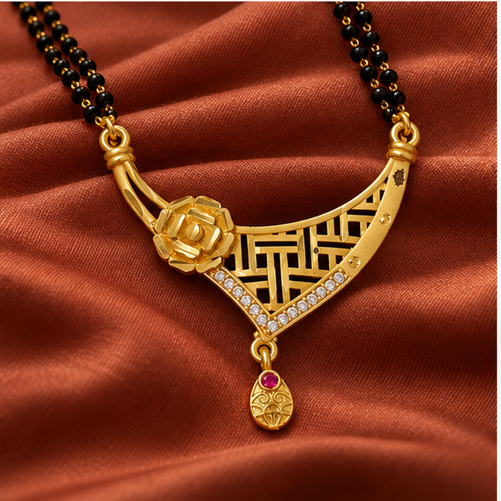 Gulnaar Geometric Rose Gold-Tone Mangalsutra on a terracotta silk backdrop