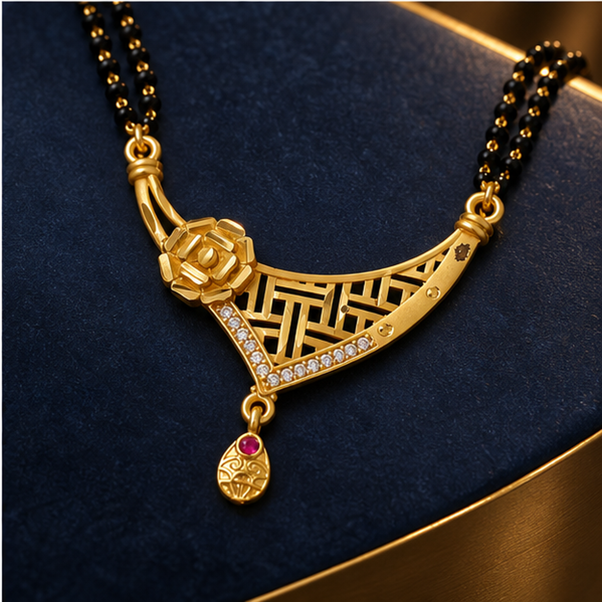 Gulnaar Geometric Rose Gold-Tone Mangalsutra on a midnight navy background