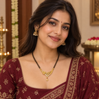 Model wearing the Gulnaar Geometric Rose Gold-Tone Mangalsutra with a maroon outfit