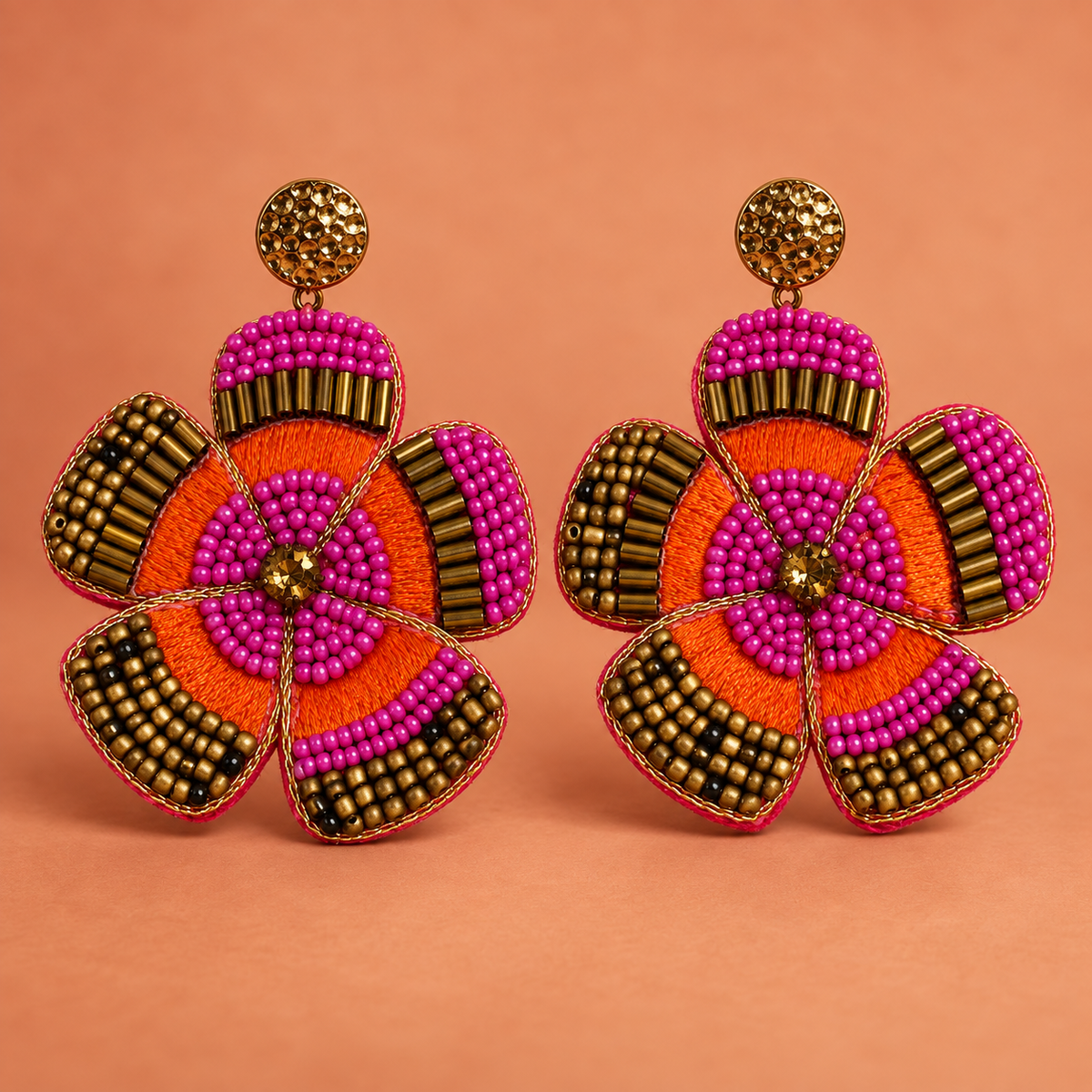 Gulnaar Pink & Orange Floral Beaded Earrings | MyJhumki