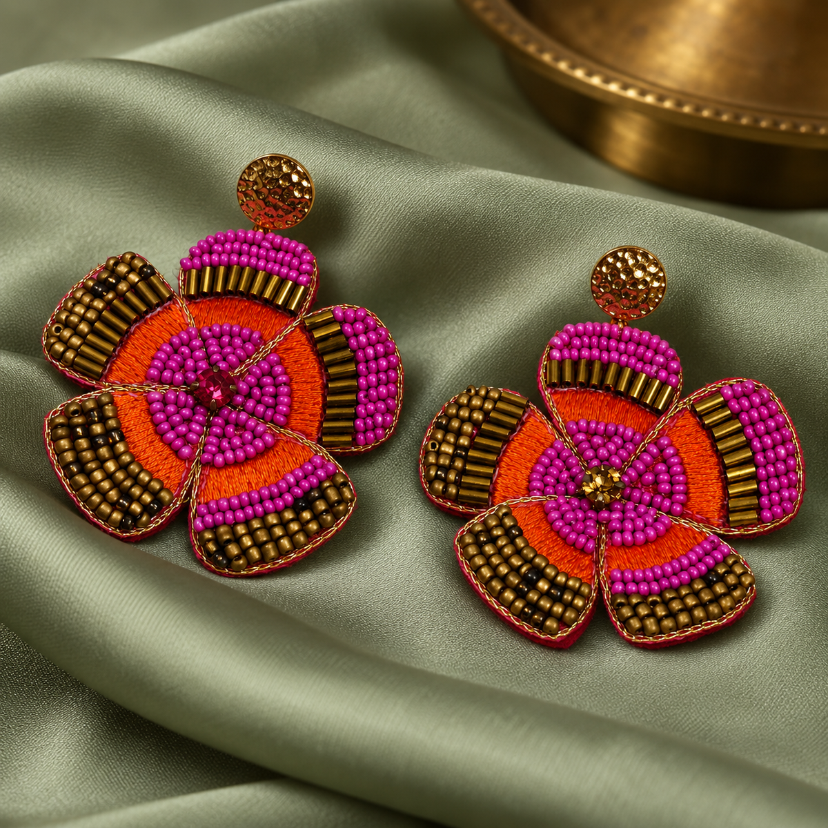 Gulnaar Pink & Orange Floral Beaded Earrings | MyJhumki