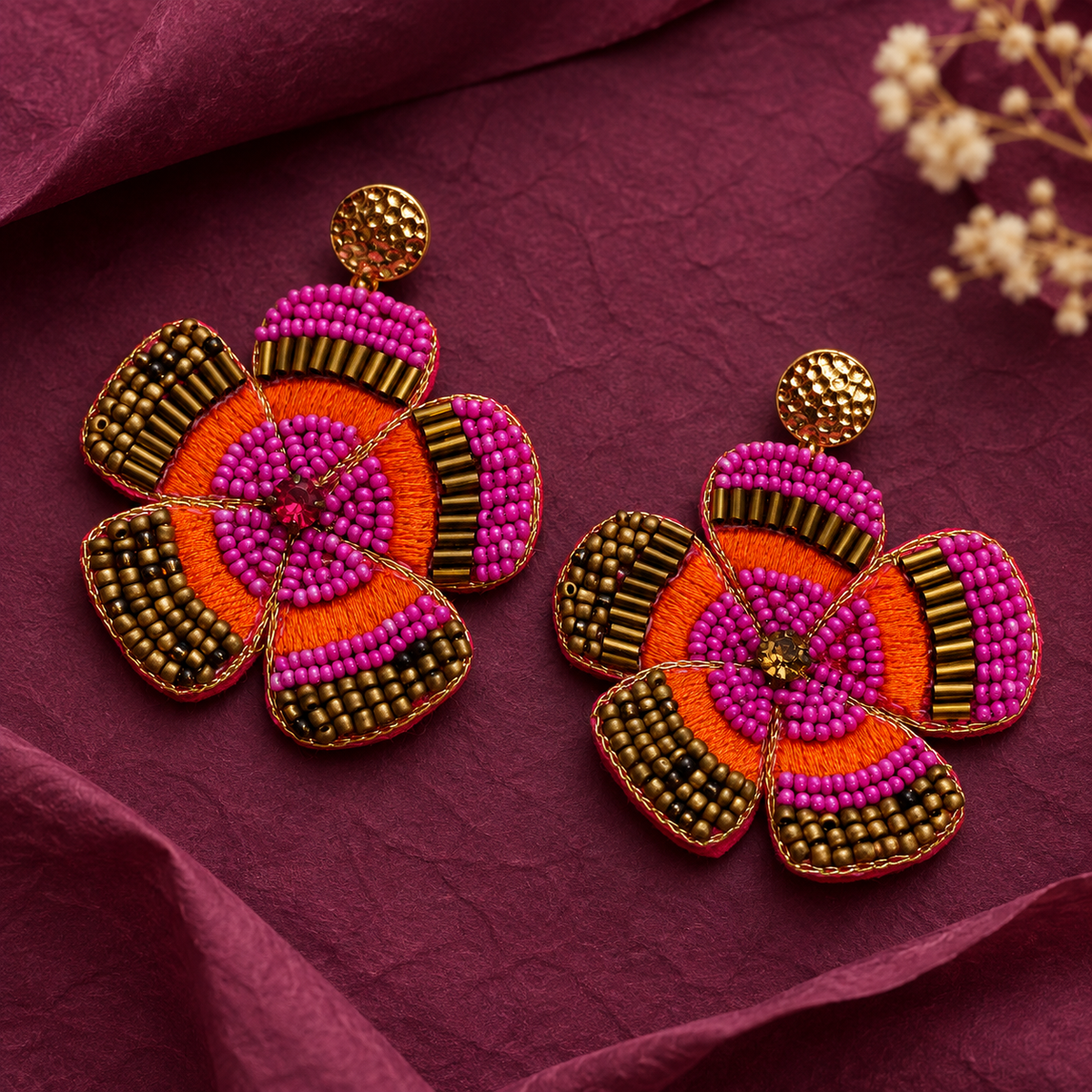 Gulnaar Pink & Orange Floral Beaded Earrings | MyJhumki