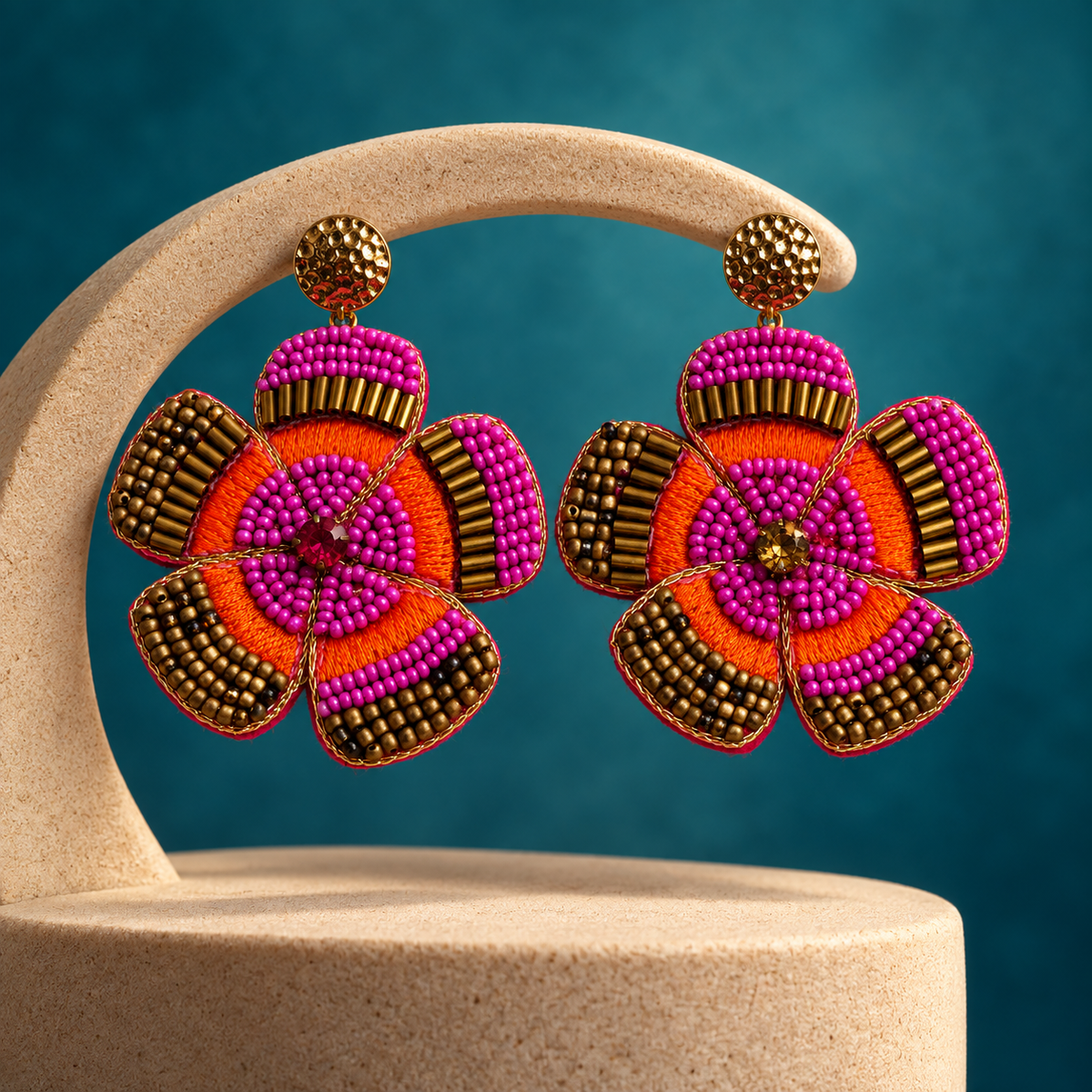 Gulnaar Pink & Orange Floral Beaded Earrings | MyJhumki
