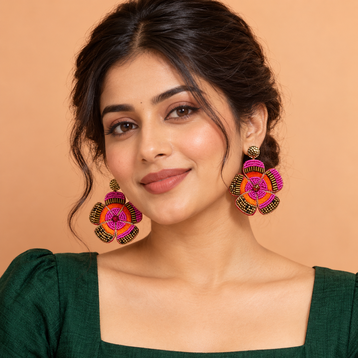 Gulnaar Pink & Orange Floral Beaded Earrings | MyJhumki