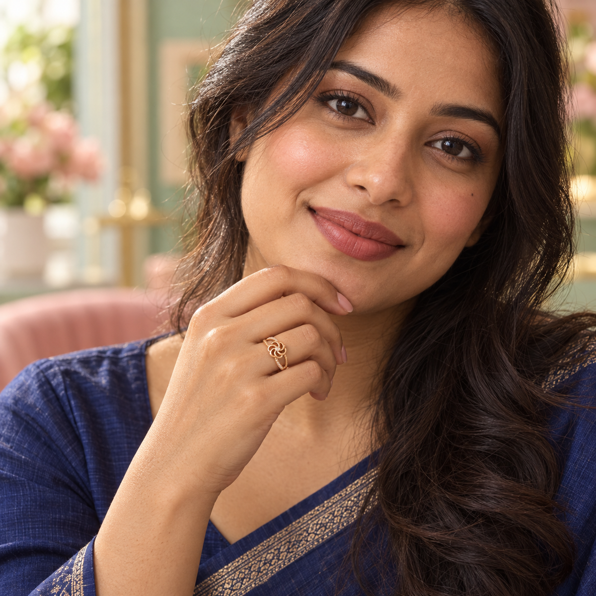 Gulnaar Pinwheel Floral Rose Gold-Tone Ring worn by a model
