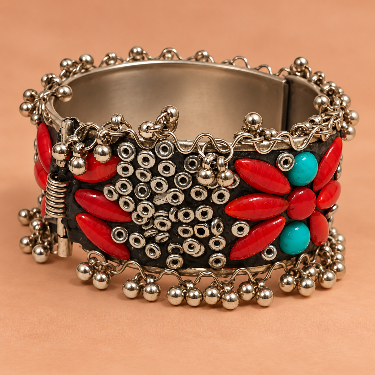 Gulnaar Red Turquoise Floral Cuff Bracelet | MyJhumki