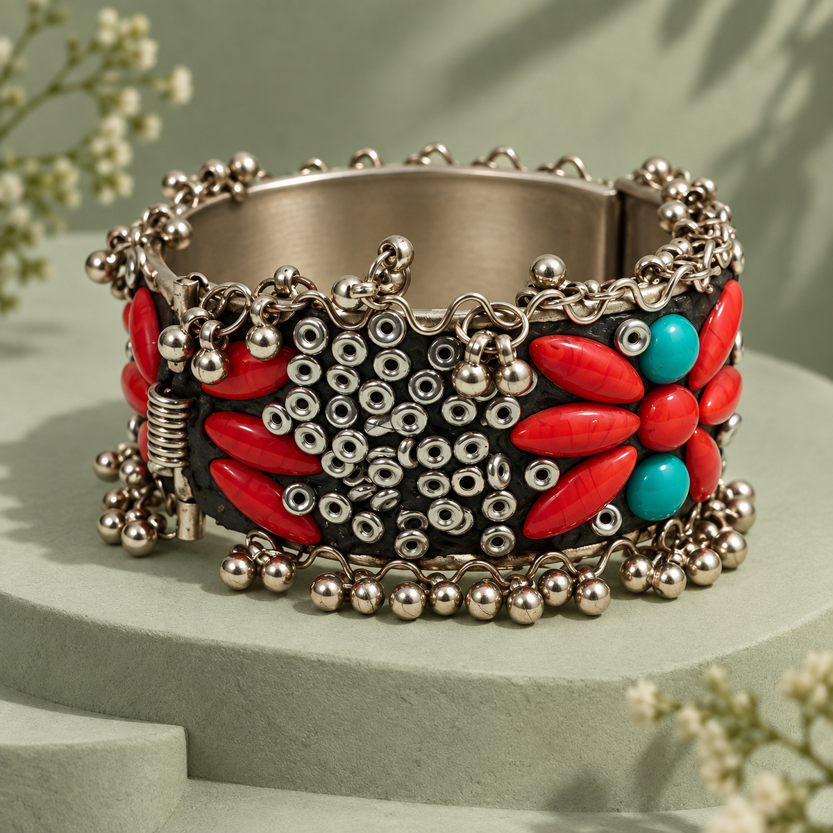 Gulnaar Red Turquoise Floral Cuff Bracelet | MyJhumki