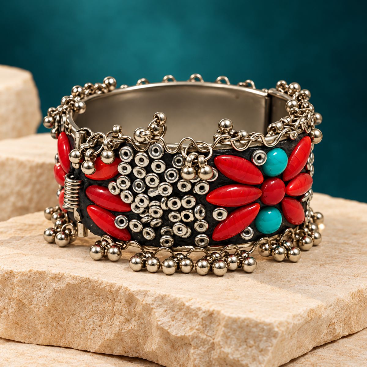 Gulnaar Red Turquoise Floral Cuff Bracelet | MyJhumki