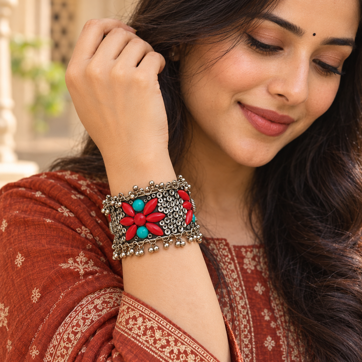Gulnaar Red Turquoise Floral Cuff Bracelet | MyJhumki