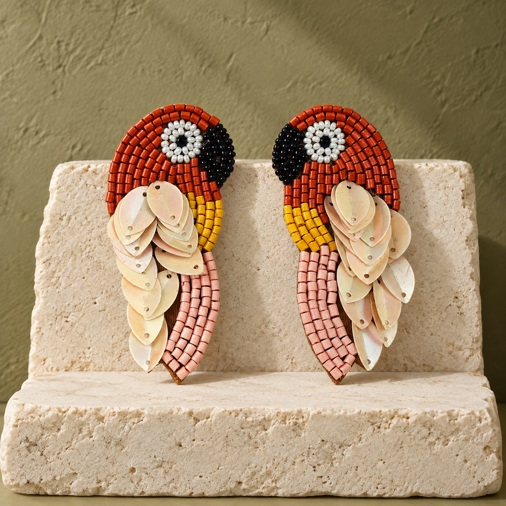 Gulnaar Rust Parrot Statement Earrings | MyJhumki