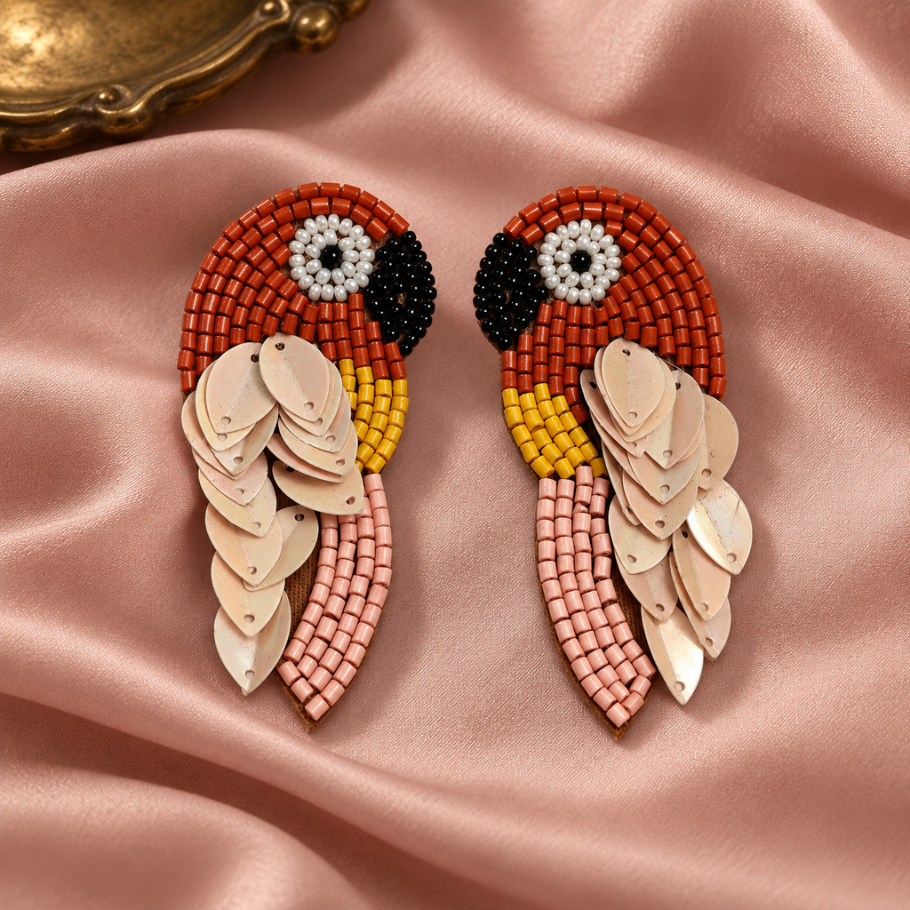Gulnaar Rust Parrot Statement Earrings | MyJhumki