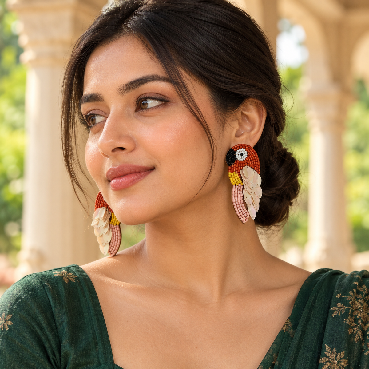 Gulnaar Rust Parrot Statement Earrings | MyJhumki