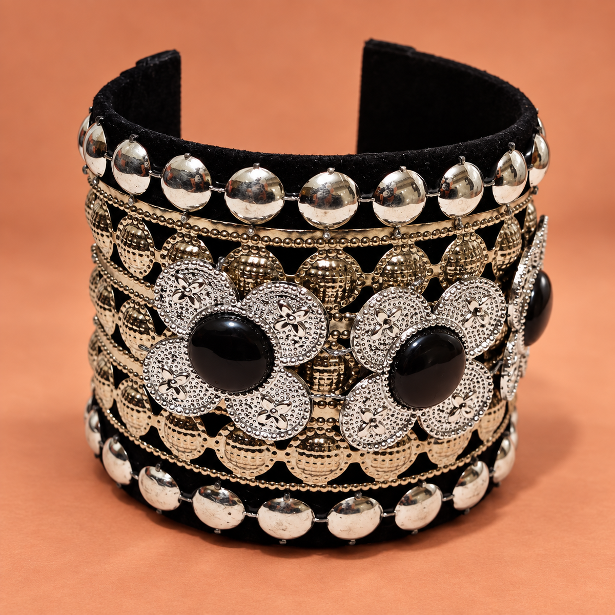 Kaali Pushp Black Silver Floral Cuff Bracelet | MyJhumki