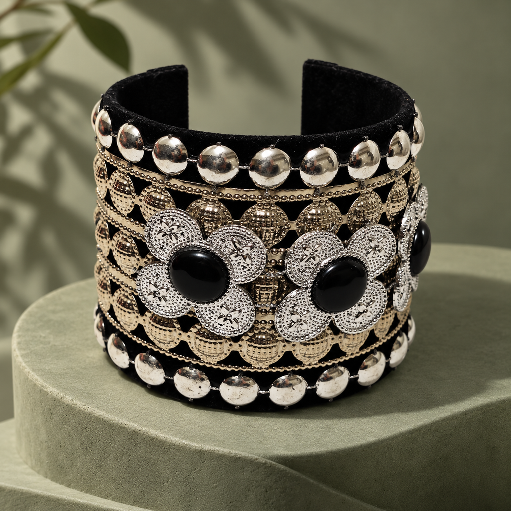 Kaali Pushp Black Silver Floral Cuff Bracelet | MyJhumki