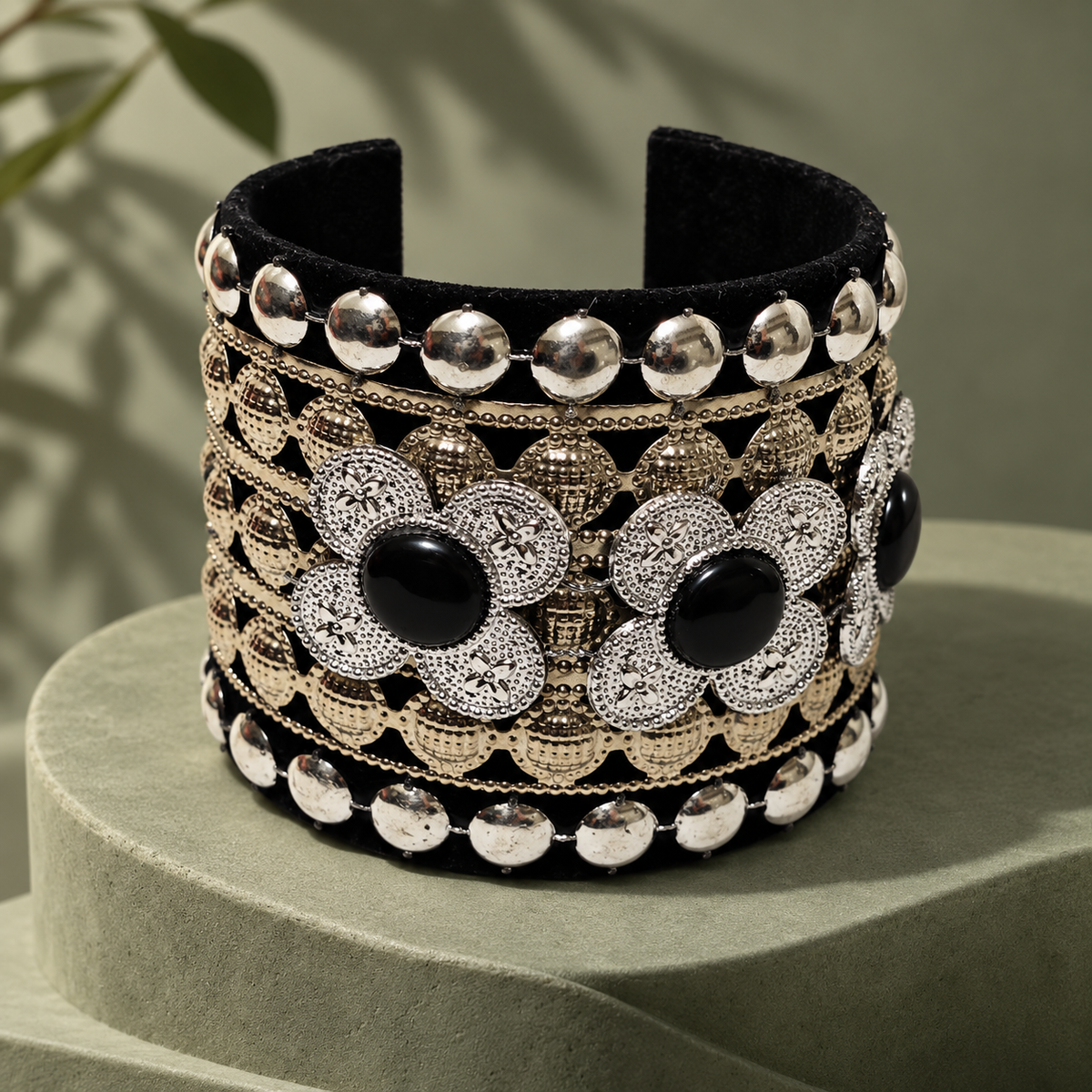 Kaali Pushp Black Silver Floral Cuff Bracelet | MyJhumki