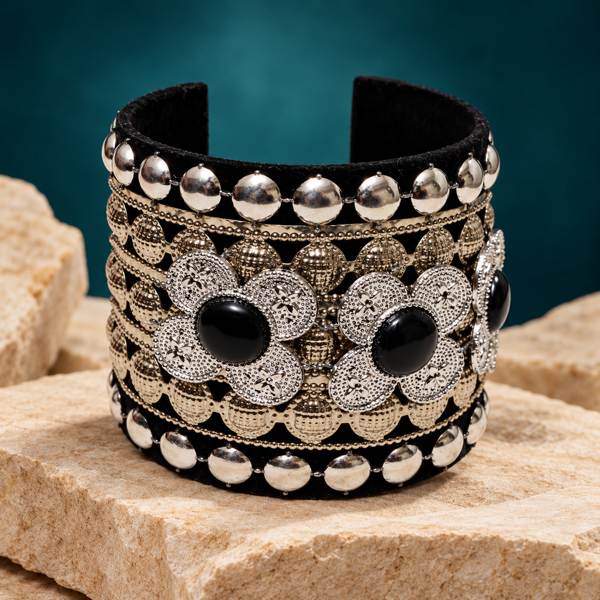 Kaali Pushp Black Silver Floral Cuff Bracelet | MyJhumki
