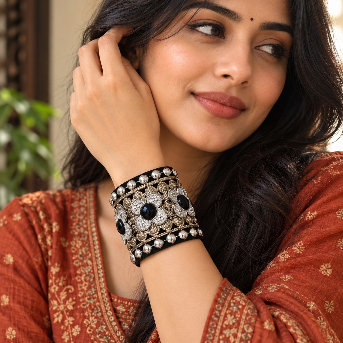Kaali Pushp Black Silver Floral Cuff Bracelet | MyJhumki