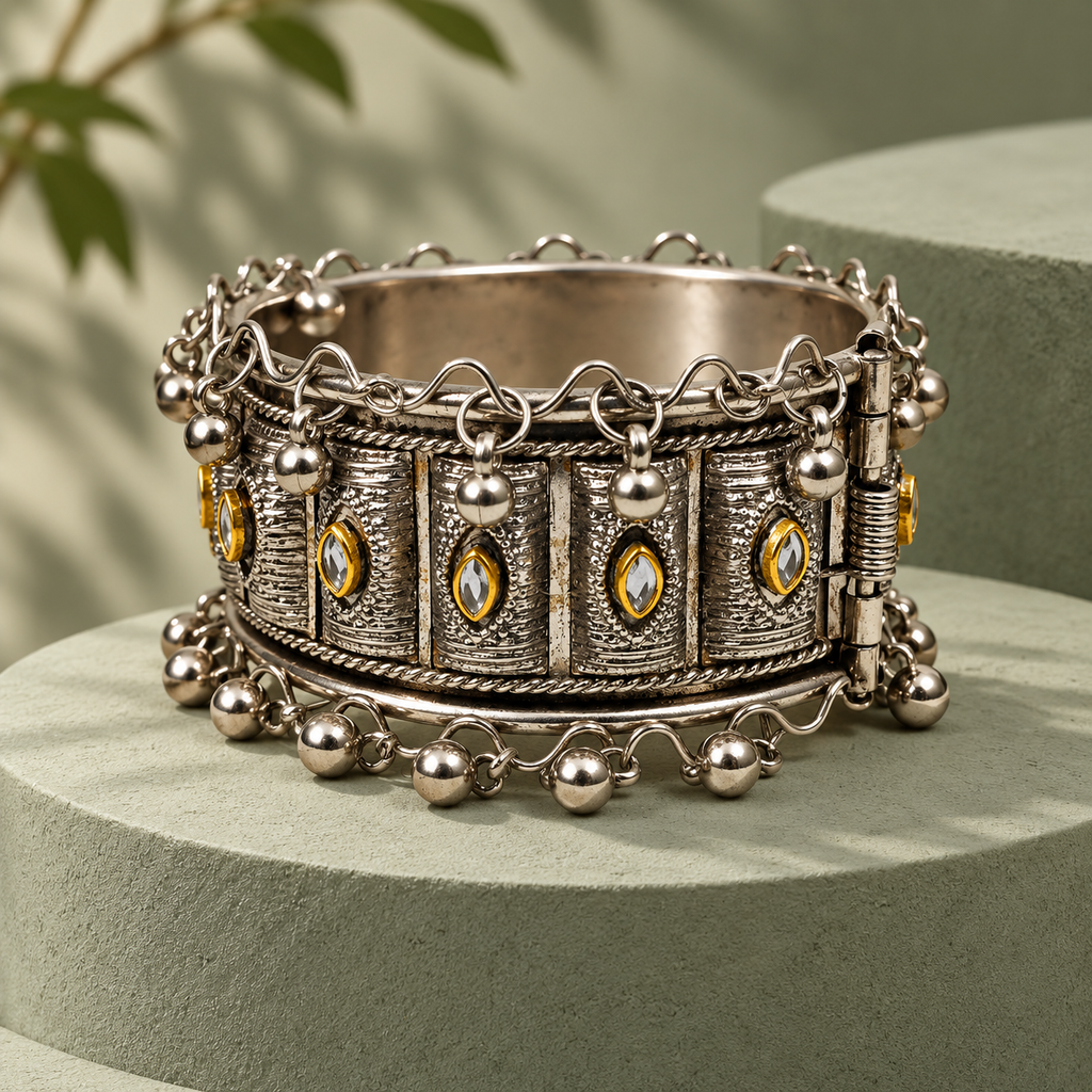 Kanak Teardrop Panel Oxidised Cuff Bracelet | MyJhumki