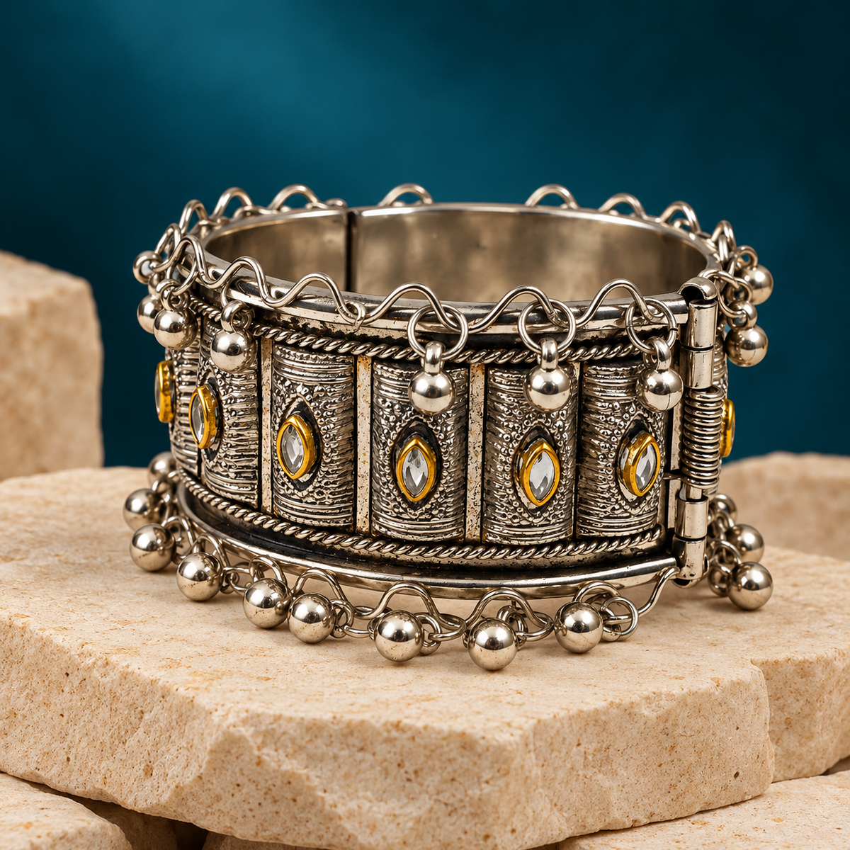 Kanak Teardrop Panel Oxidised Cuff Bracelet | MyJhumki