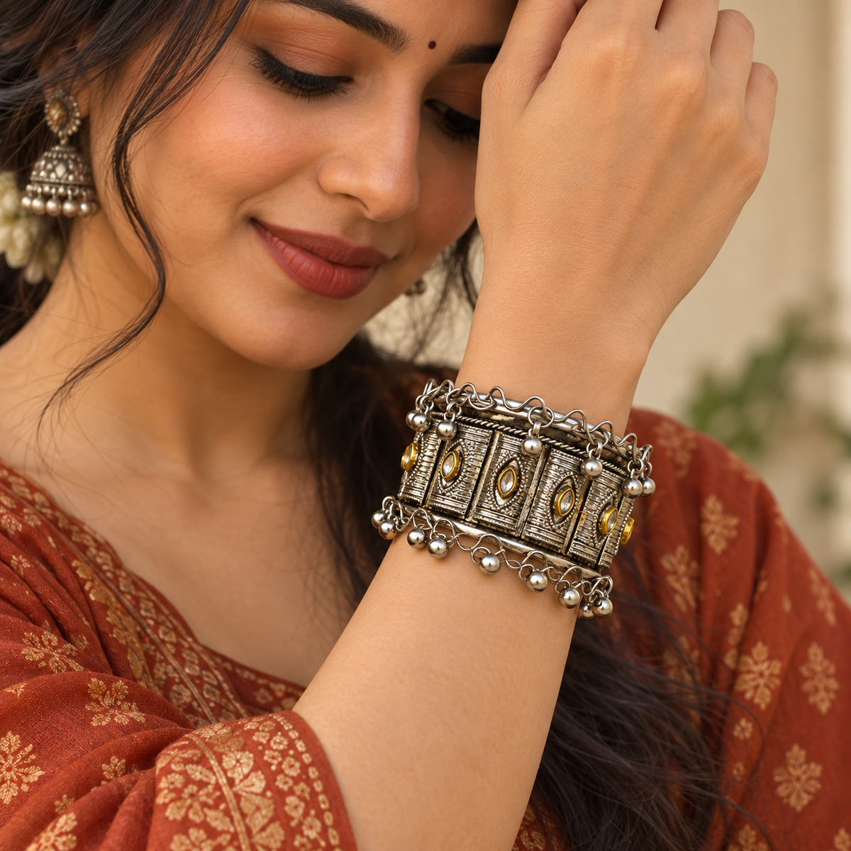 Kanak Teardrop Panel Oxidised Cuff Bracelet | MyJhumki