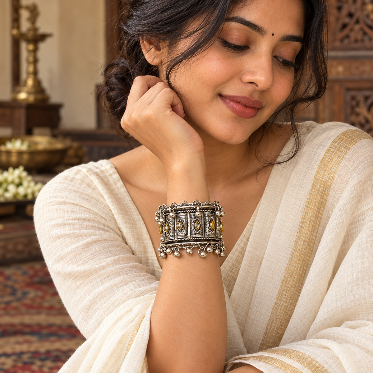 Kanak Teardrop Panel Oxidised Cuff Bracelet | MyJhumki