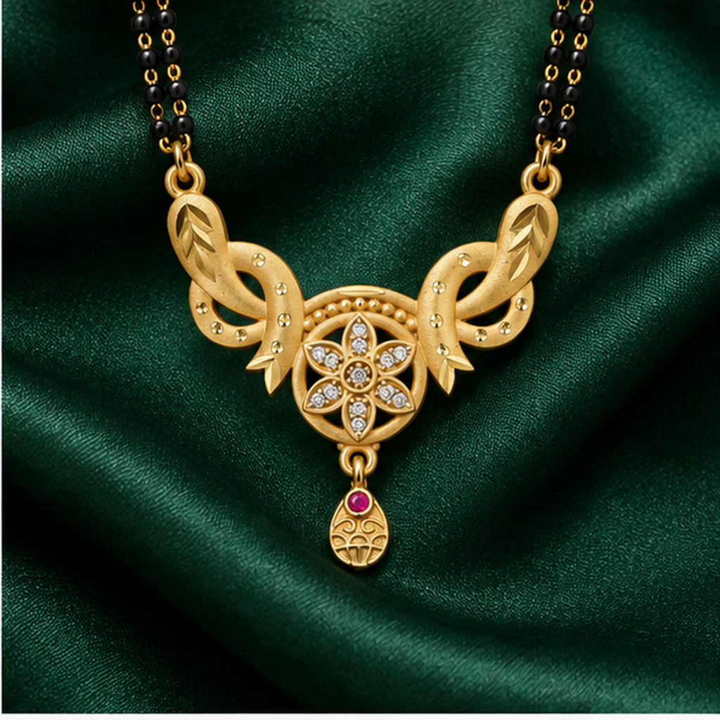 Kavya Floral Halo Mangalsutra on an emerald silk backdrop