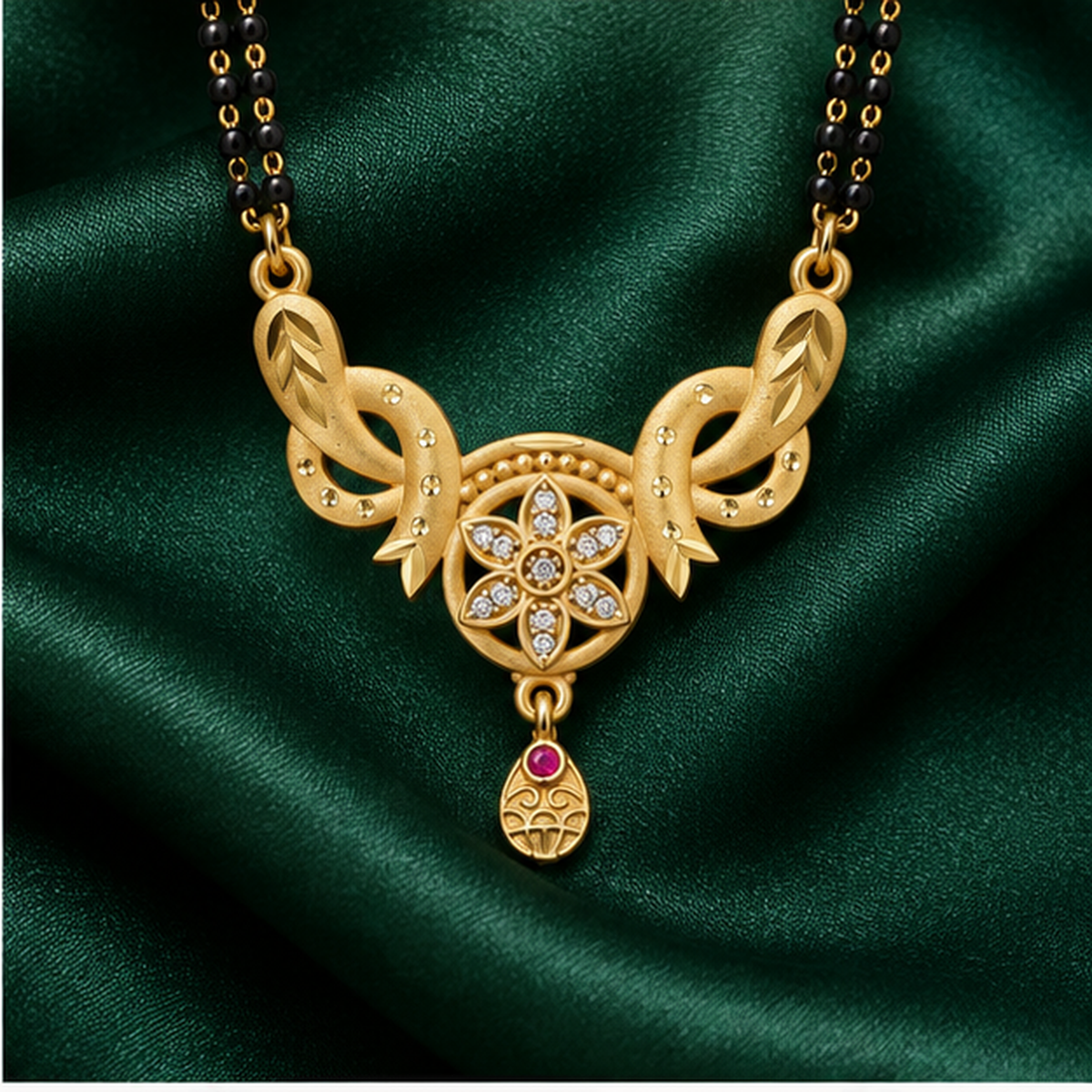 Kavya Floral Halo Mangalsutra on an emerald silk backdrop
