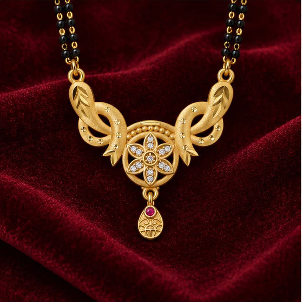 Kavya Floral Halo Mangalsutra on a burgundy velvet backdrop