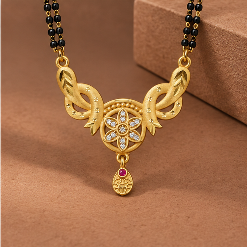 Kavya Floral Halo Mangalsutra photographed in a warm taupe studio setting