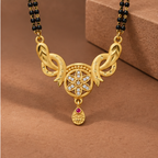 Kavya Floral Halo Mangalsutra photographed in a warm taupe studio setting