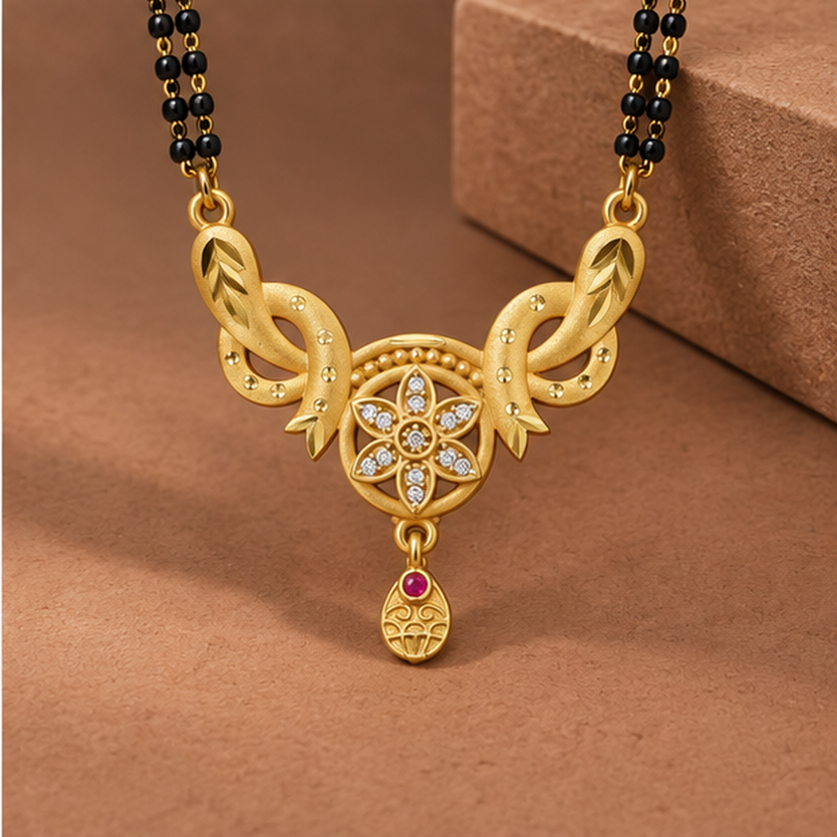 Kavya Floral Halo Mangalsutra photographed in a warm taupe studio setting