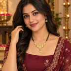 Model wearing the Kavya Floral Halo Mangalsutra with a wine outfit
