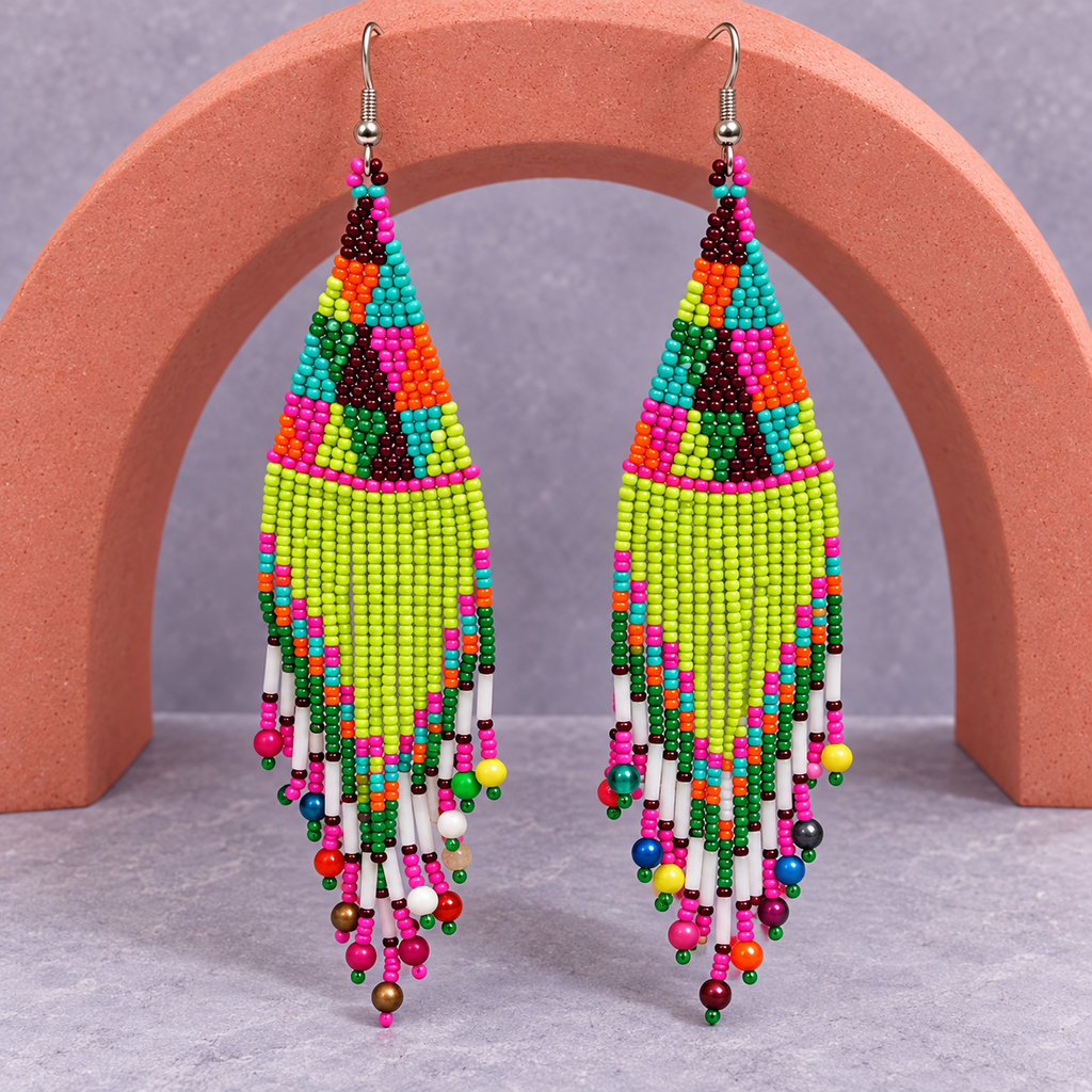 Kiara Lime Green Beaded Fringe Earrings | MyJhumki