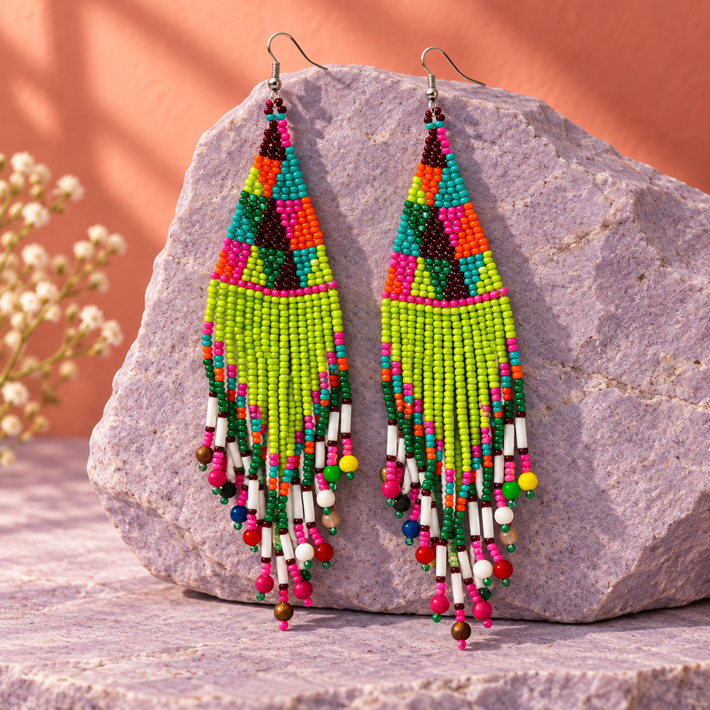 Kiara Lime Green Beaded Fringe Earrings | MyJhumki