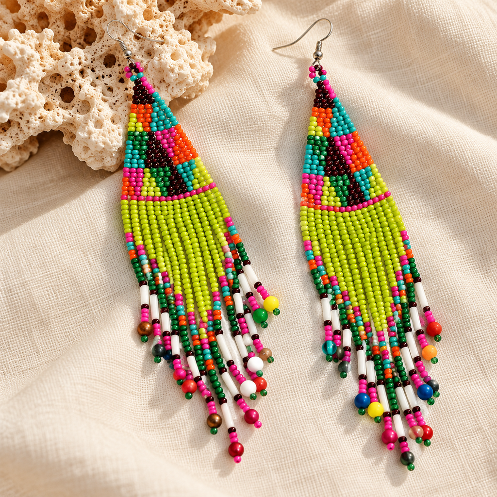 Kiara Lime Green Beaded Fringe Earrings | MyJhumki