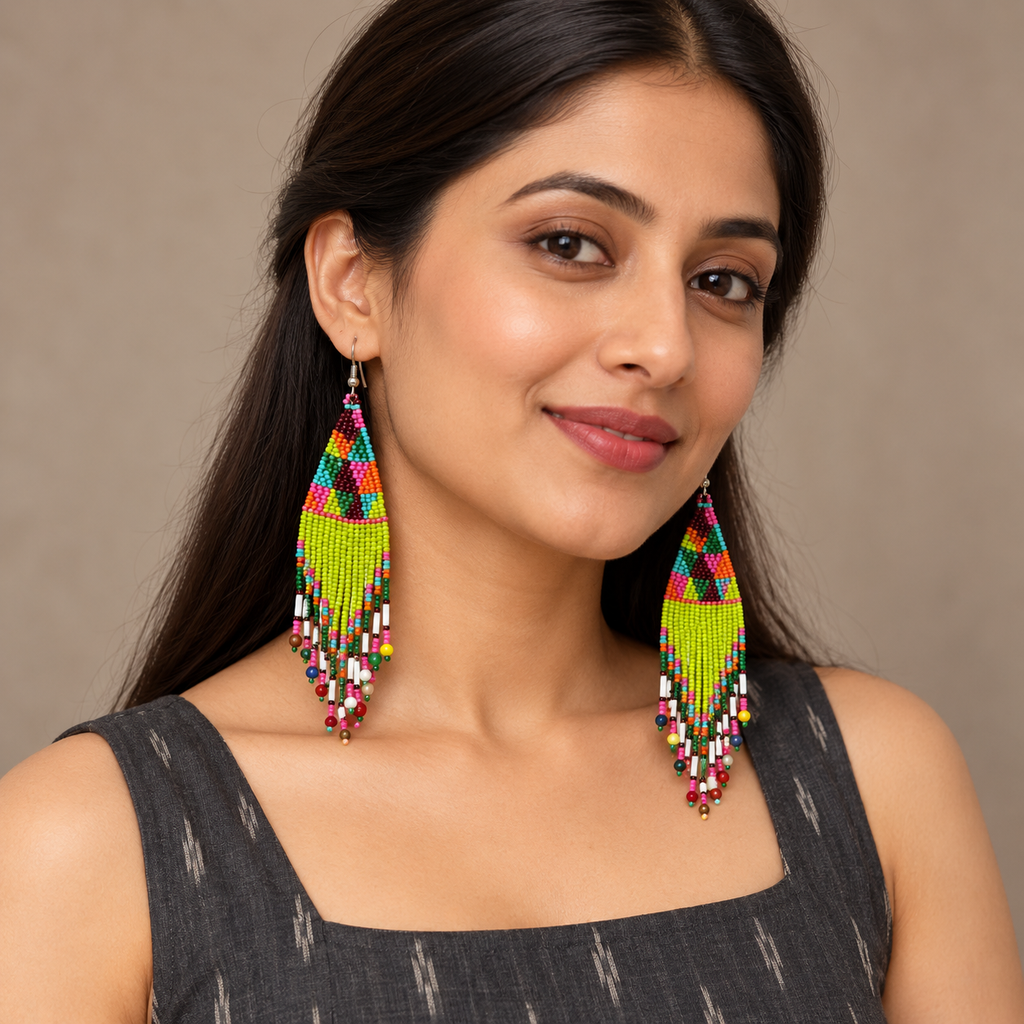Kiara Lime Green Beaded Fringe Earrings | MyJhumki