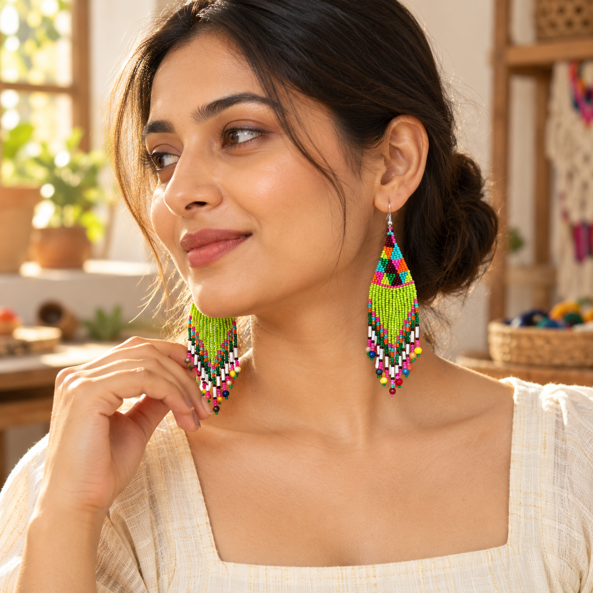 Kiara Lime Green Beaded Fringe Earrings | MyJhumki