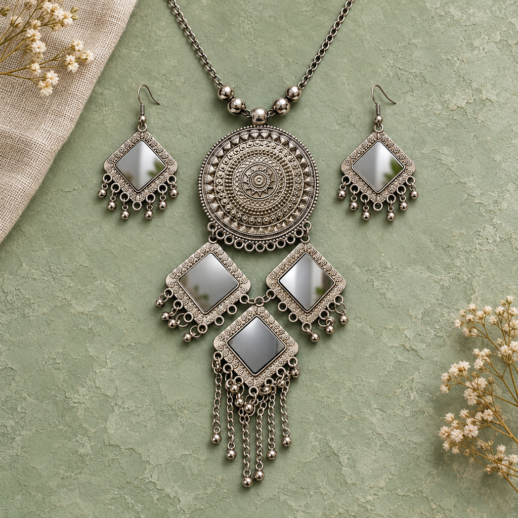 Mandala Aaina Diamond Tassel Necklace Set | MyJhumki