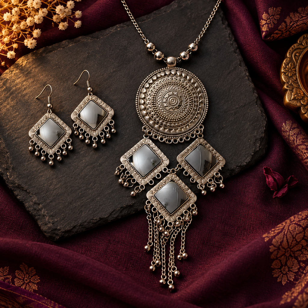 Mandala Aaina Diamond Tassel Necklace Set | MyJhumki