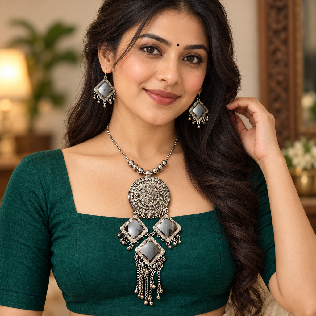 Mandala Aaina Diamond Tassel Necklace Set | MyJhumki