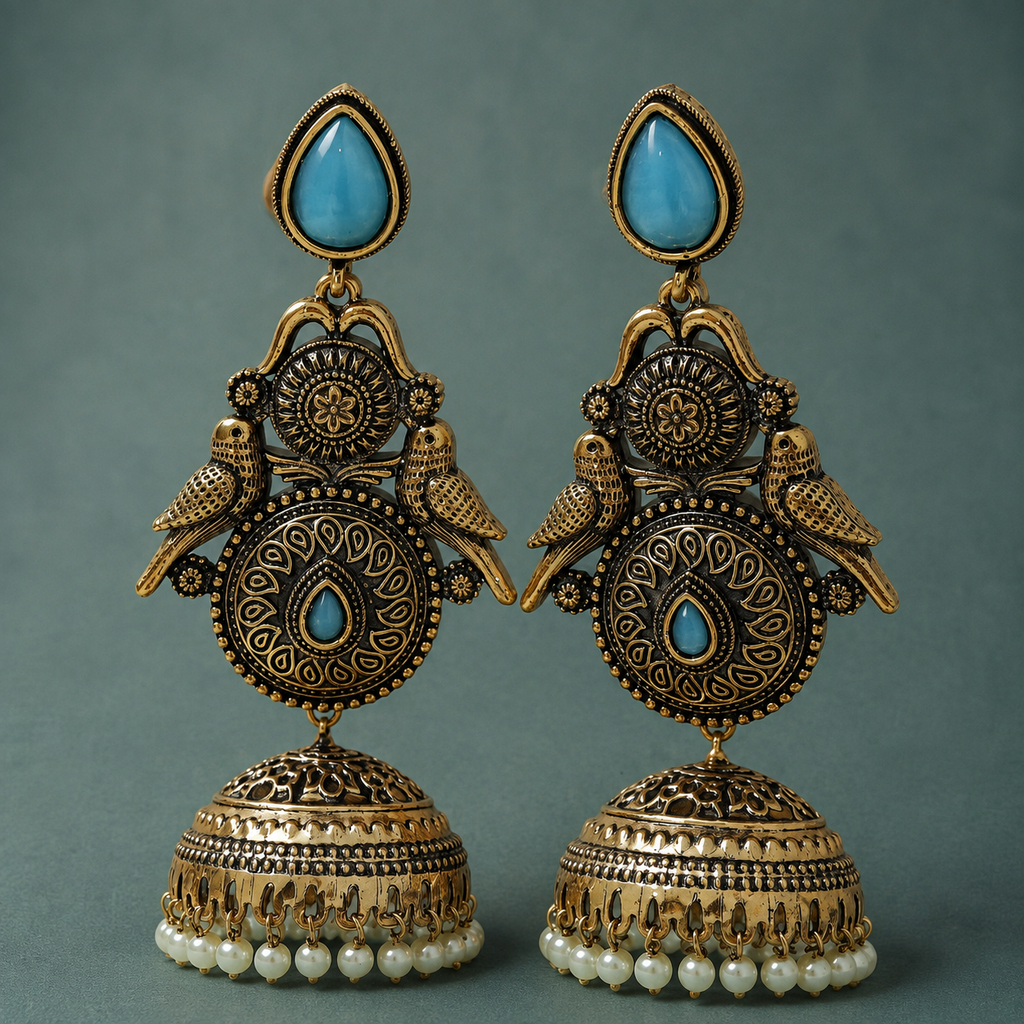 Mayur Neel Antique Peacock Jhumka Earrings by MyJhumki