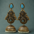 Mayur Neel Antique Peacock Jhumka Earrings by MyJhumki