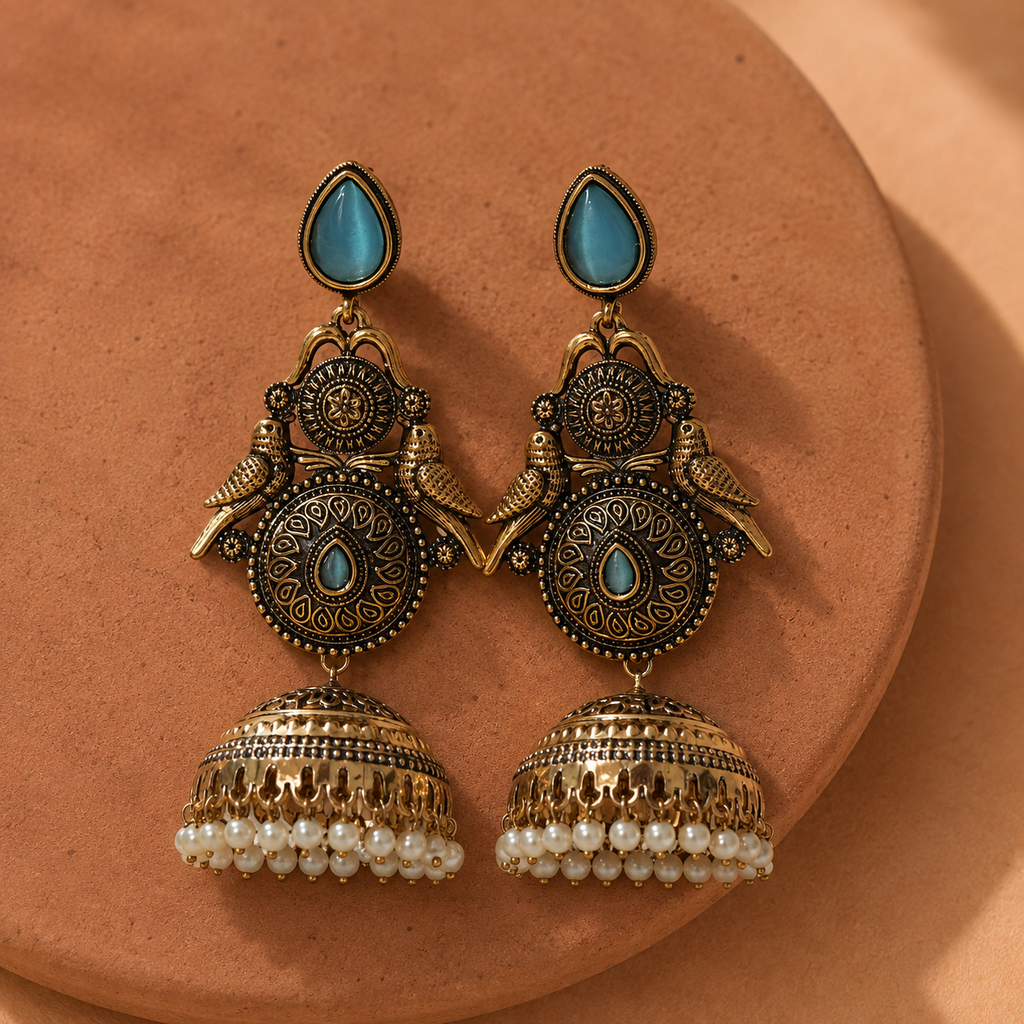 Mayur Neel Antique Peacock Jhumka Earrings on a terracotta display stand