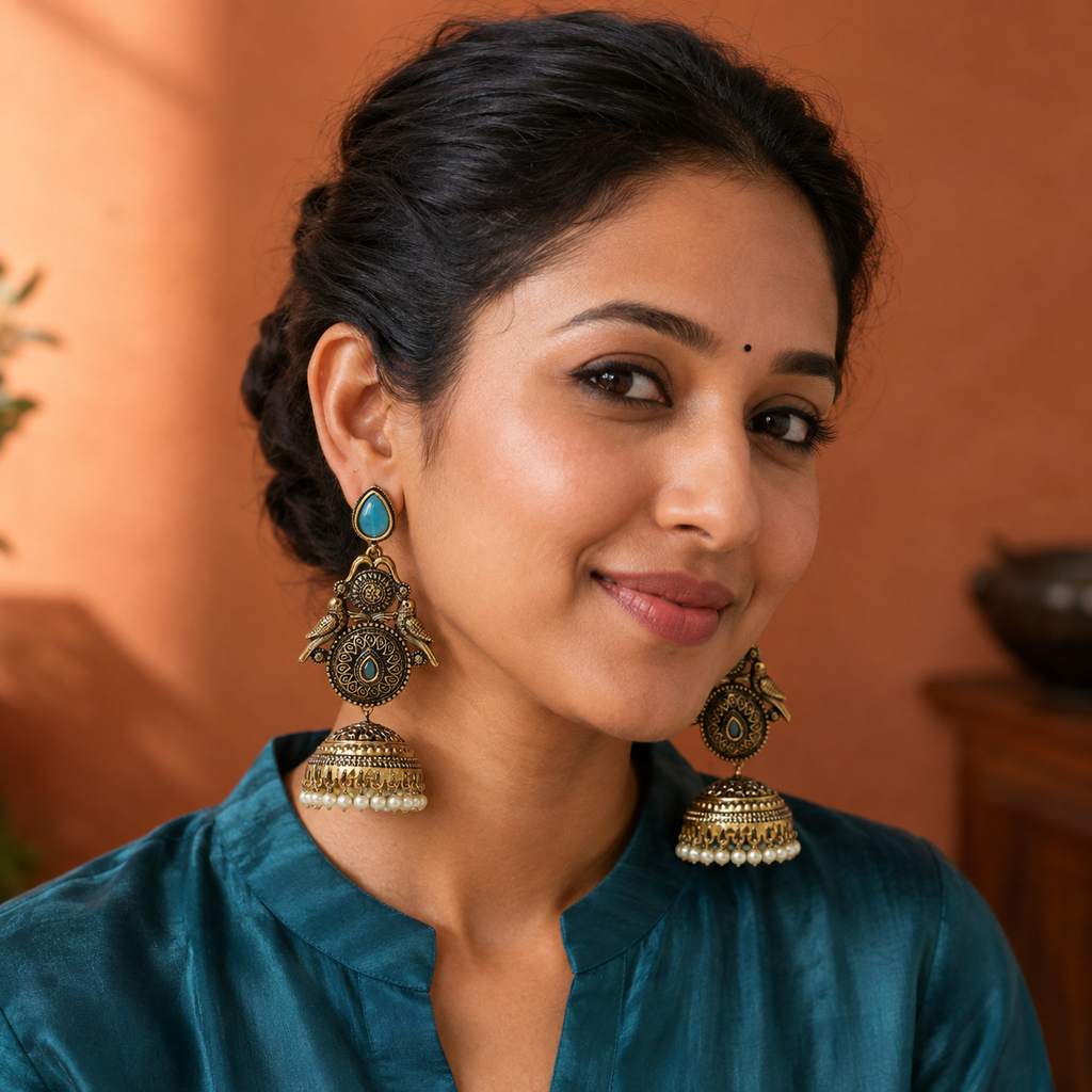 Mayur Neel Antique Peacock Jhumka Earrings worn by a model
