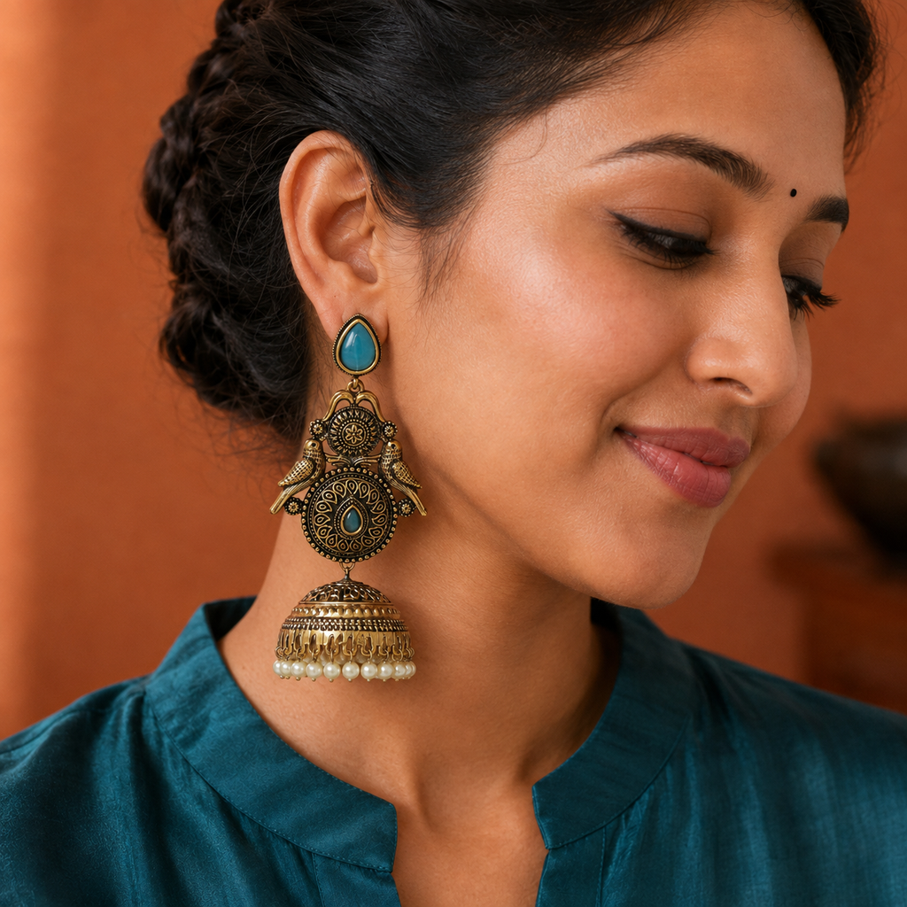 Model wearing the Mayur Neel Antique Peacock Jhumka Earrings — close-up